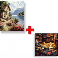 Набір картин за номерами 2 в 1 Ідейка "Будиночок садівниці" 40х50 KHO6326 та "Пухнастий книголюб" 40х40 KHO6505 Ідейка Арт:35132