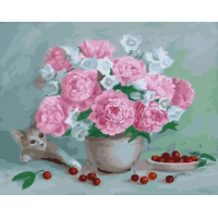 Картина за номерами. Rainbow Art "Квіти, вишні і кошеня" GX23647-RA Rainbow Art Арт:16427