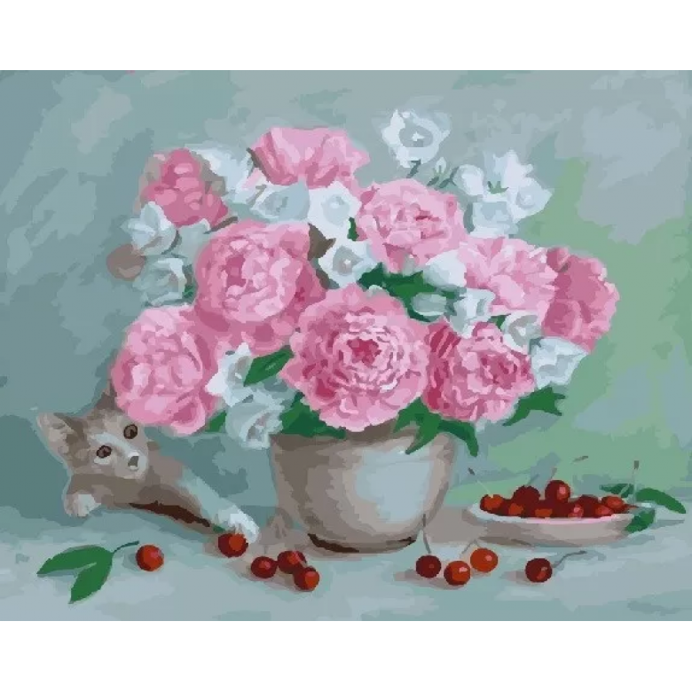 Картина за номерами. Rainbow Art "Квіти, вишні і кошеня" GX23647-RA Rainbow Art Арт:16427