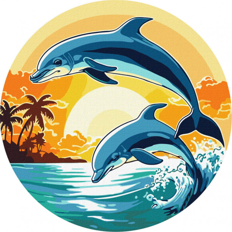 Картина за номерами "Грайливі дельфіни" KHO-R1028 діаметр 33 см Ідейка Арт:35948