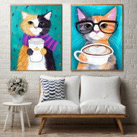 Купить Алмазная вышивка на подрамнике Диптих Коты и кофе 20 х 30 см Купить Алмазная вышивка на подрамнике Диптих Коты и кофе 20 х 30 см