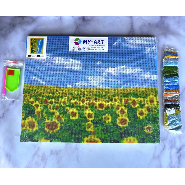 Купить Алмазная вышивка круглые стразы 40 х 50 см на подрамнике Поле подсолнухов (арт. AR-3132) без коробки