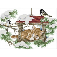 Купить Вышивка крестиком Котенок и синички 47х35 см (арт. MK079) счетным крестом Купить Вышивка крестиком Котенок и синички 47х35 см (арт. MK079) счетным крестом