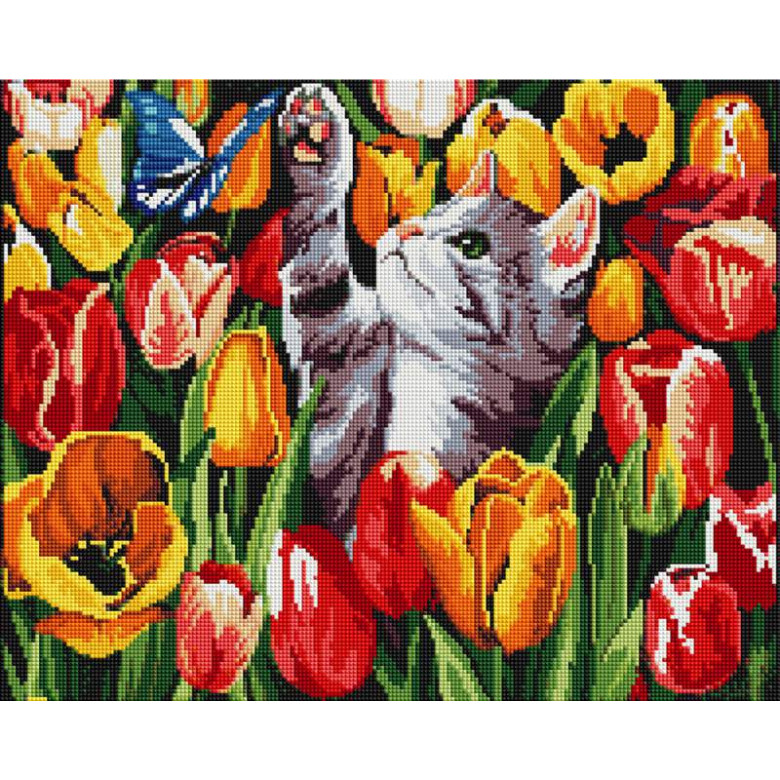 Котик в тюльпанах