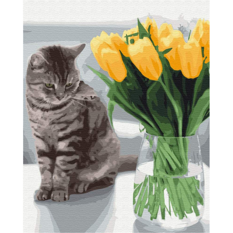 Котик з тюльпанами